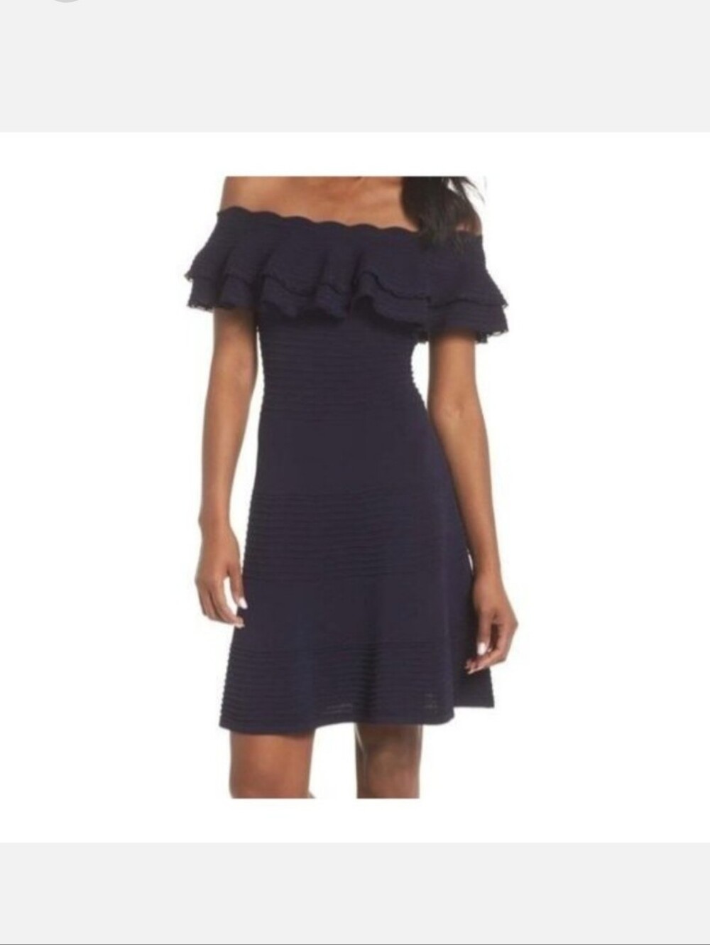 Eliza J Womens L Navy Knit Off The Shoulder Ruffle Fit and Flare Dress NWT